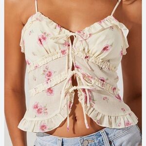 ASTR Floral Ruffle Tie-Front Cami with Pink Blooms/Butter Yellow Coquette NWT